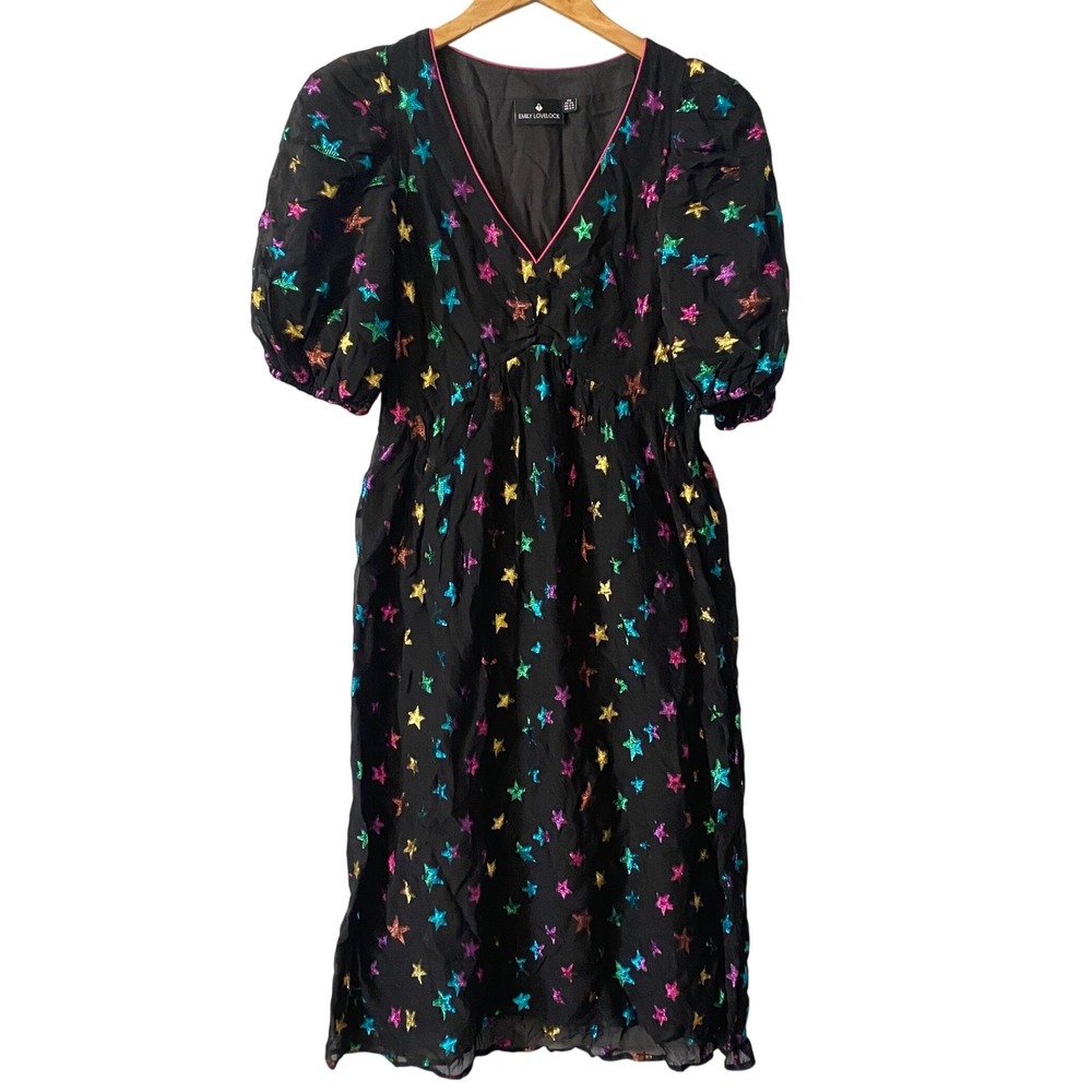 Emily Lovelock XS Silk Blend Star Print Puff Sleeve Midi Dress Black Multi Retro